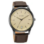 Titan Men’s Golden Dial Quartz Analog Round Leather Strap Watch (1806NL02)