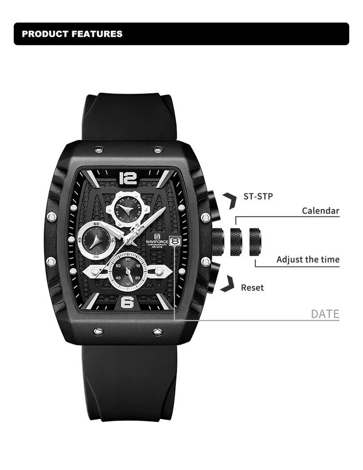 Naviforce 8025 Men's Square Case Chronograph Sport Watch — Black - Image 2