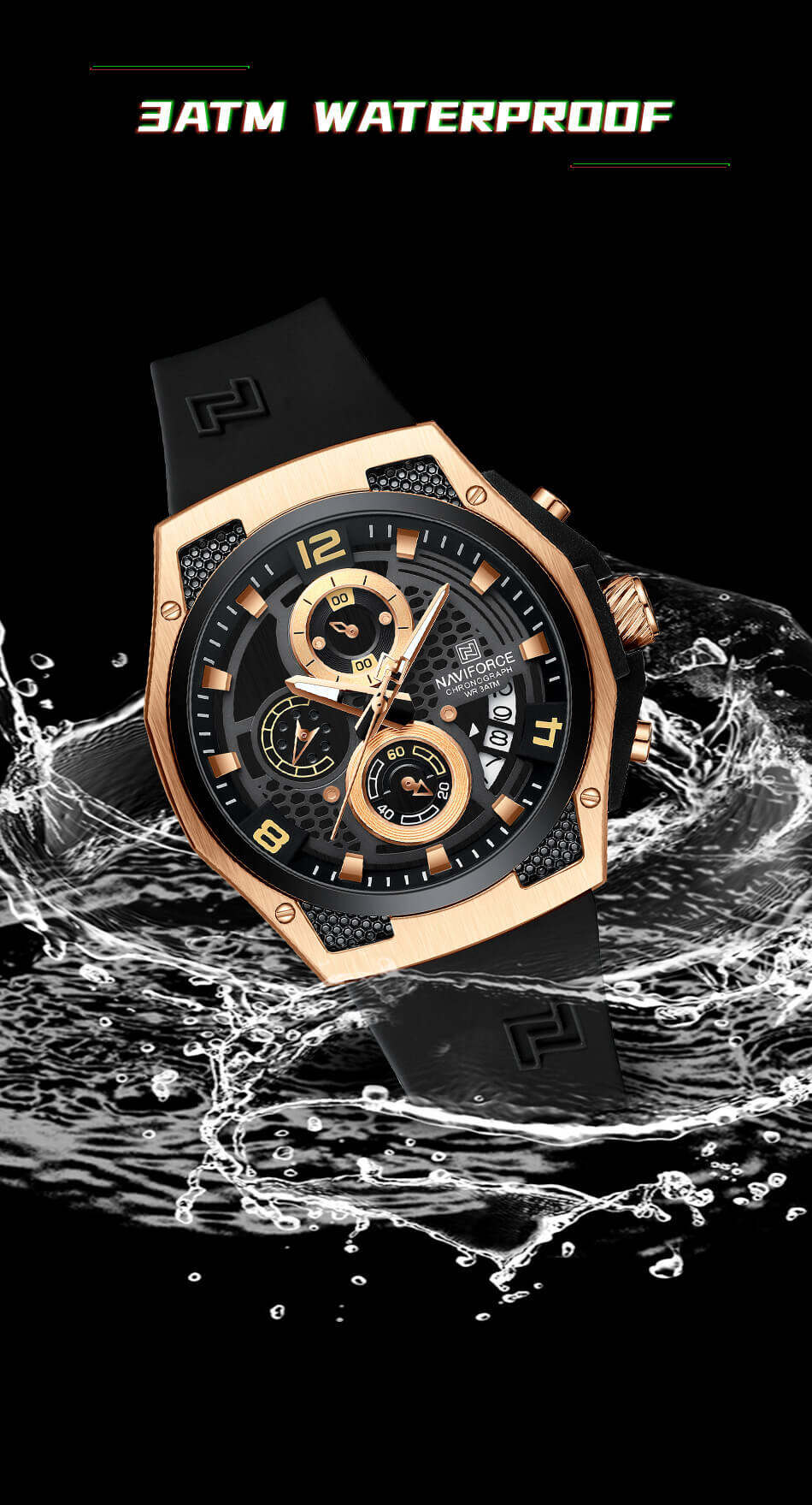 NAVIFORCE NF8051 Men's Stainless Steel Quartz Watch – Rose Black - Image 3