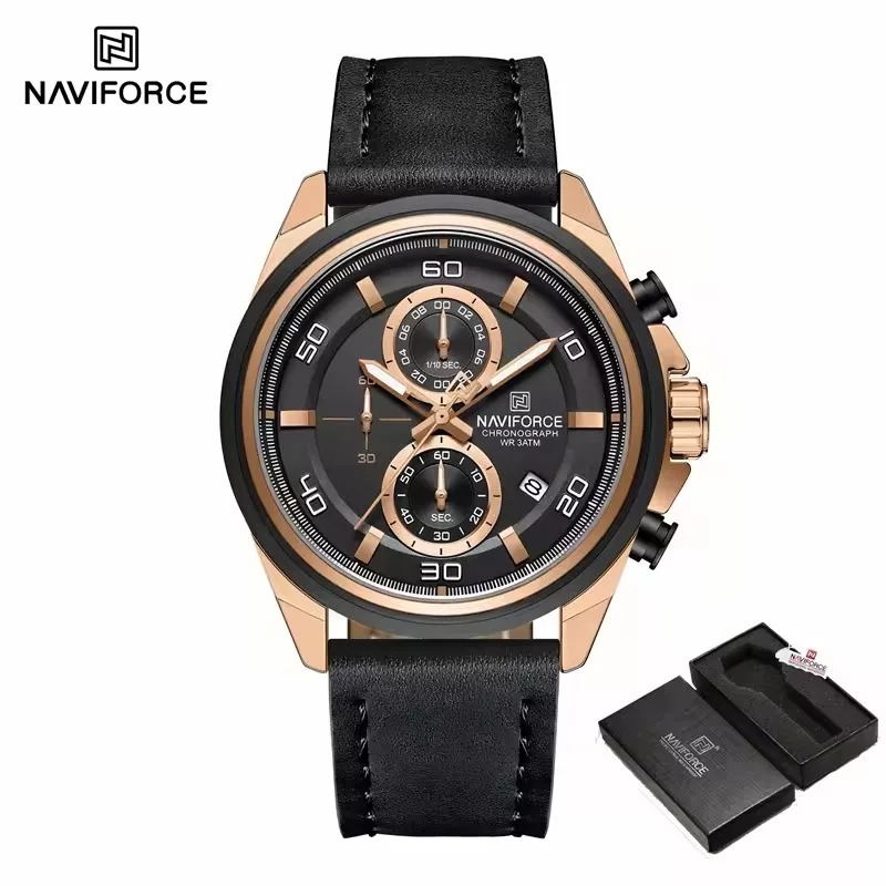NAVIFORCE NF8075 Men's Stainless Steel Quartz Watch – Rose Black - Image 1